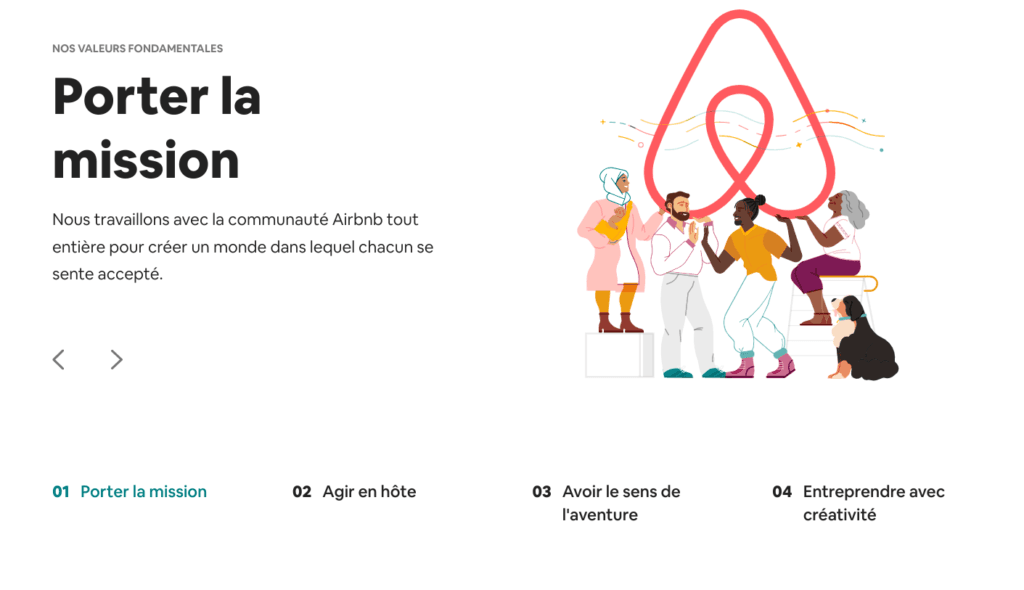 Page carrière Airbnb mettant en avant les valeurs fondamentales avec un design aéré et des photos de collaborateurs